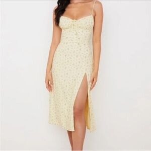 Yellow Floral Midi Dress with Slit